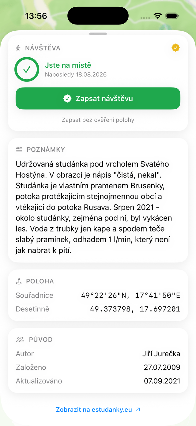 Detail místa — pokračování podrobností