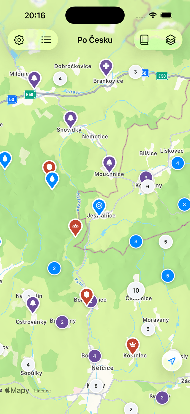 Aplikace Po Česku — mapa míst