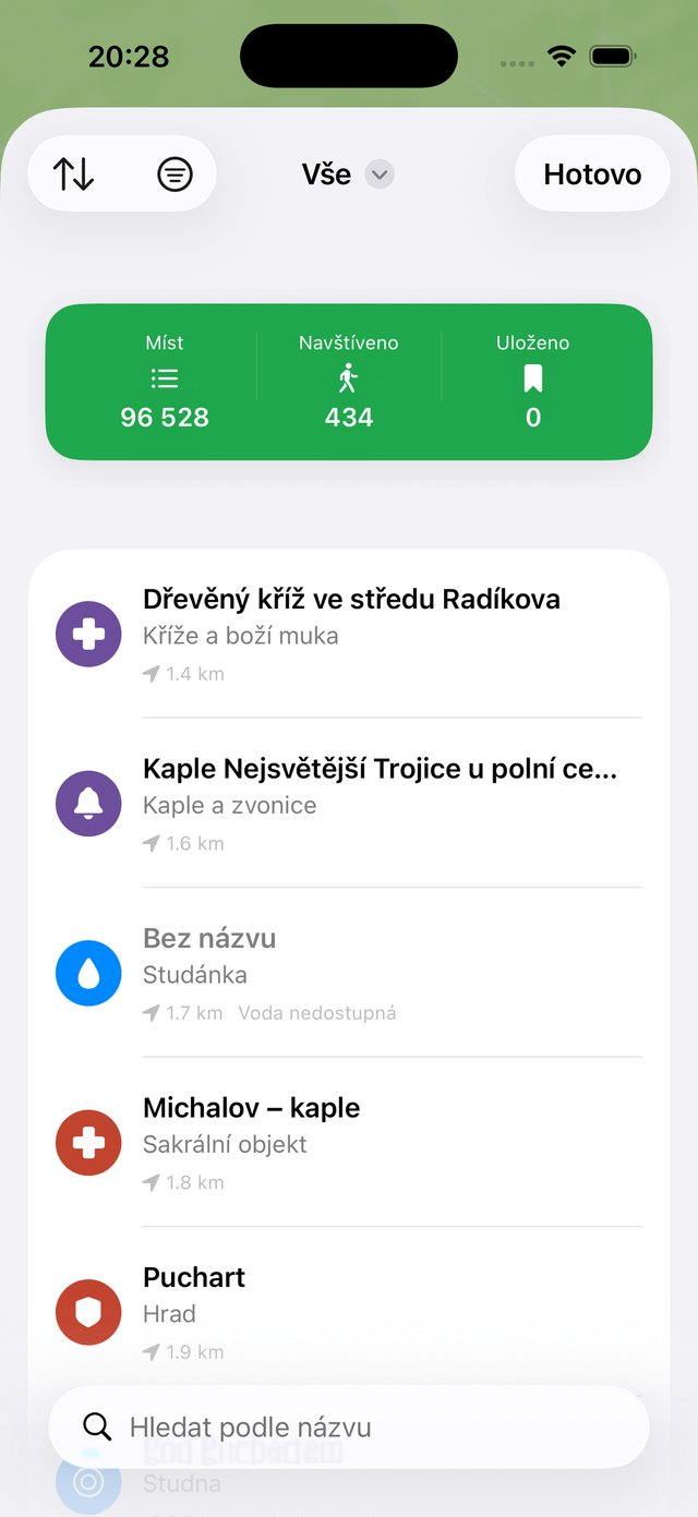 Seznam míst řazený podle vzdálenosti